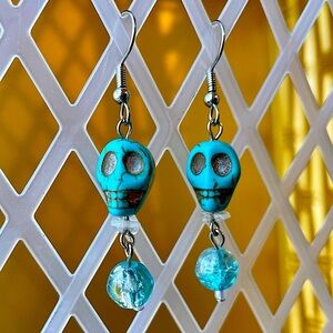 Turquoise Skull Drop Earrings Pierced Stainless Steel Hooks